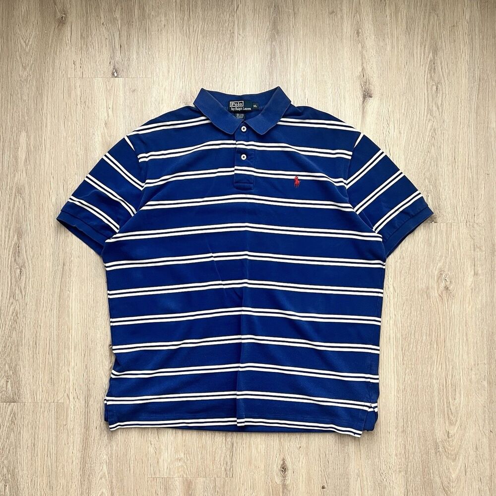 Vintage Polo Ralph Lauren Polo Shirt Mens XL Blue White Striped Short Sleeve